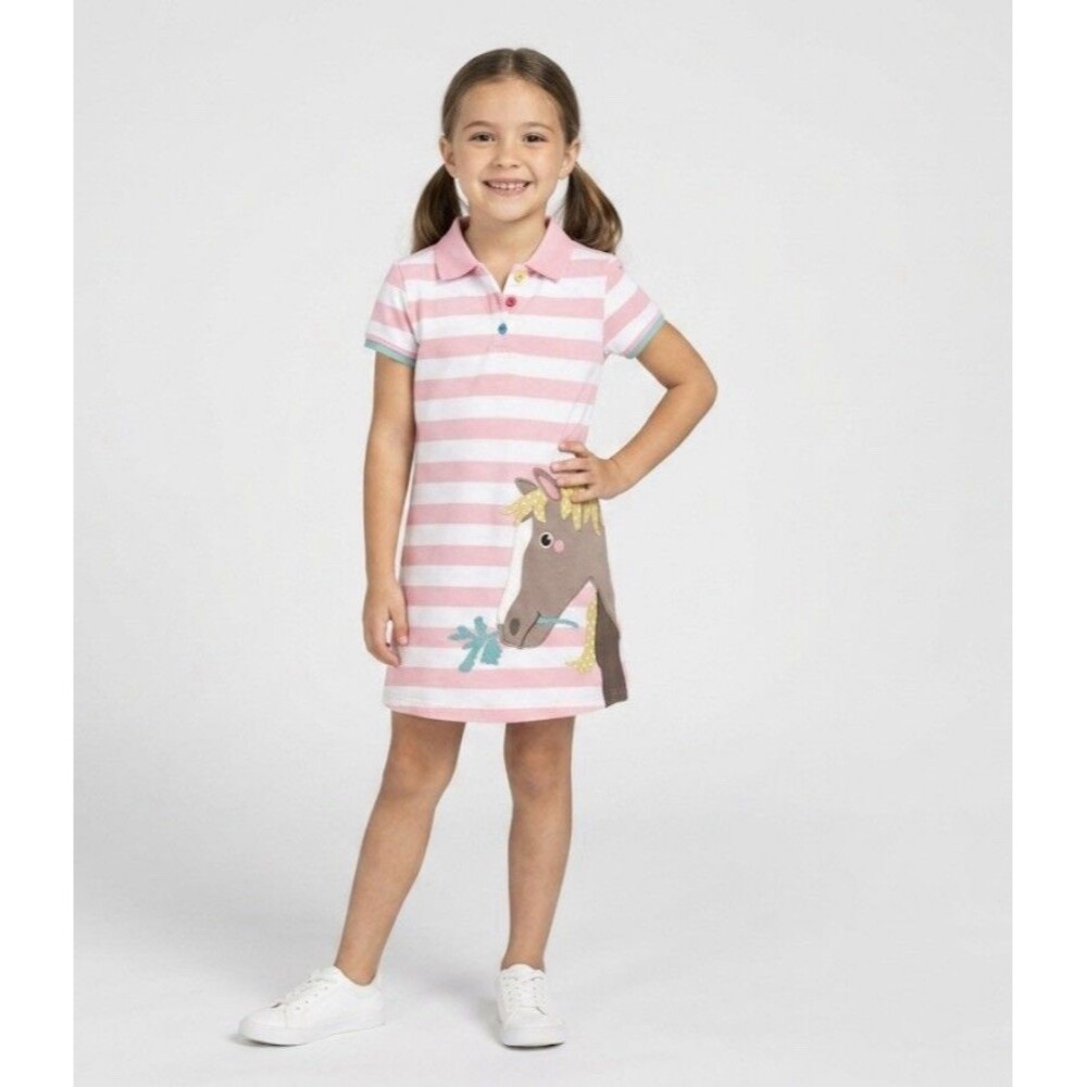 Mini Boden Girls 7-8 Dress Stripe Horse Applique Dress Pink